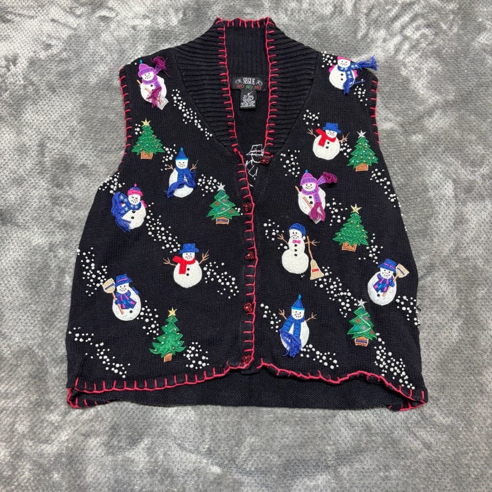 Segue Ho Ho Ho Vintage Christmas Sweater Vest Black Snowman Tree Small